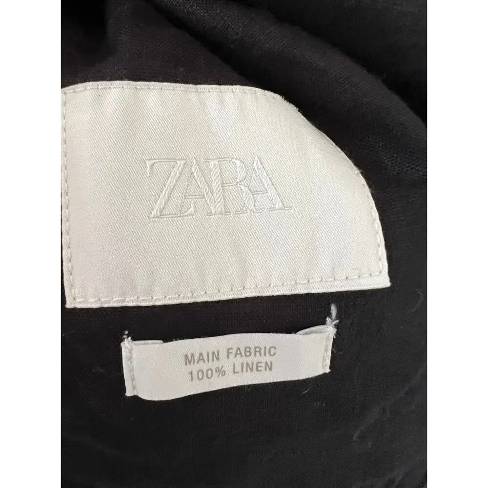 Zara Men's Black 100% Linen Zip-Up Harrington Jacket M Drawstring Hem